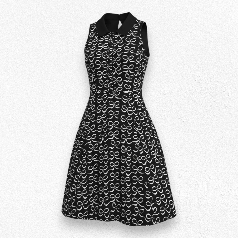 Kate Spade Mackenna Bow Print Black White Fit Flare Dress Size 0 with Pockets